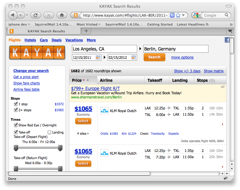 Using Kayak to find Airline Pricing